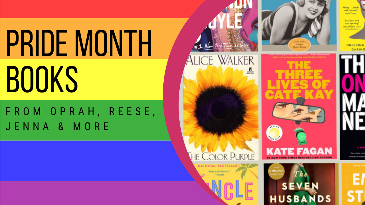 Pride rainbow flag background with the text 'Pride Month Books' overlaid, celebrating LGBTQ+ book selections